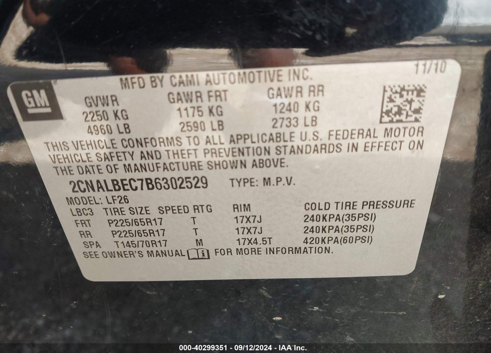 2011 CHEVROLET EQUINOX LS VIN: 2CNALBEC7B6302529