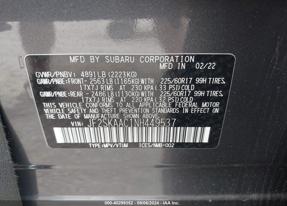 2022 SUBARU FORESTER VIN: JF2SKAAC1NH449537
