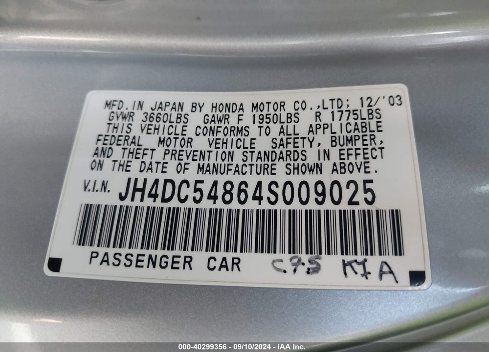 2004 ACURA RSX VIN: JH4DC54864S009025