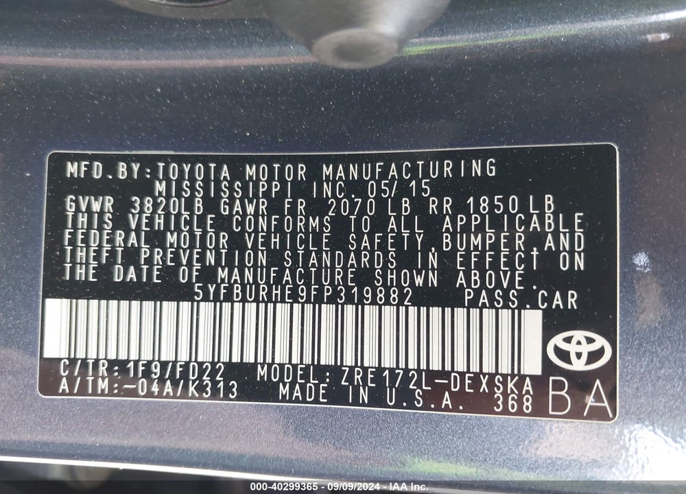 2015 TOYOTA COROLLA S PLUS VIN: 5YFBURHE9FP319882