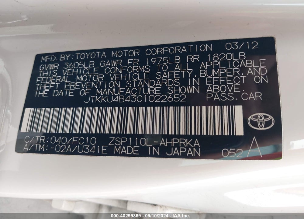 2012 SCION XD VIN: JTKKU4B43C1022652