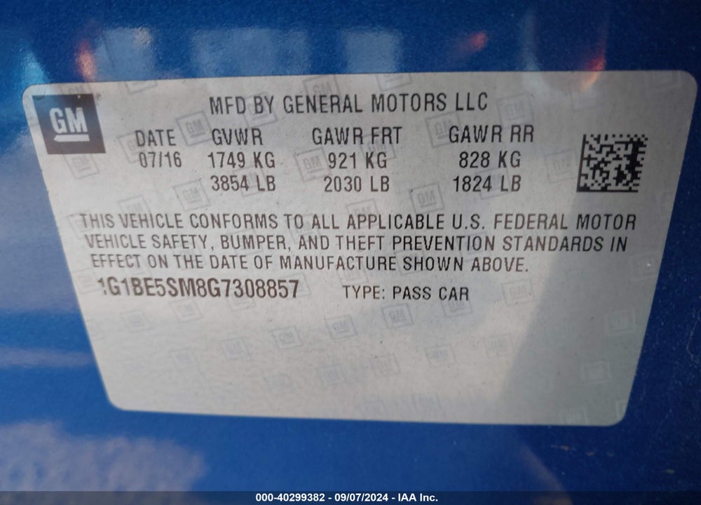 2016 CHEVROLET CRUZE VIN: 1G1BE5SM8G7308857
