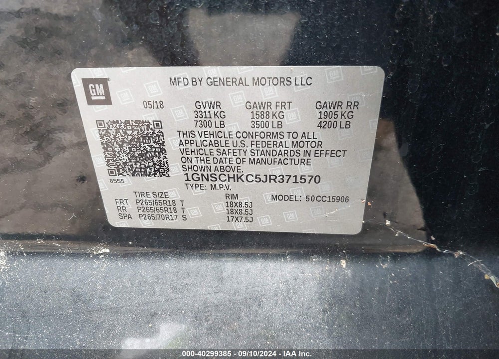 2018 CHEVROLET SUBURBAN LT VIN: 1GNSCHKC5JR371570