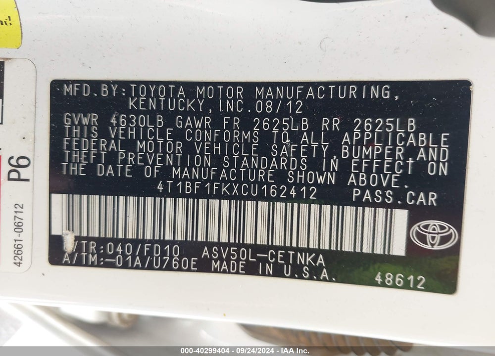 2012 TOYOTA CAMRY LE VIN: 4T1BF1FKXCU162412