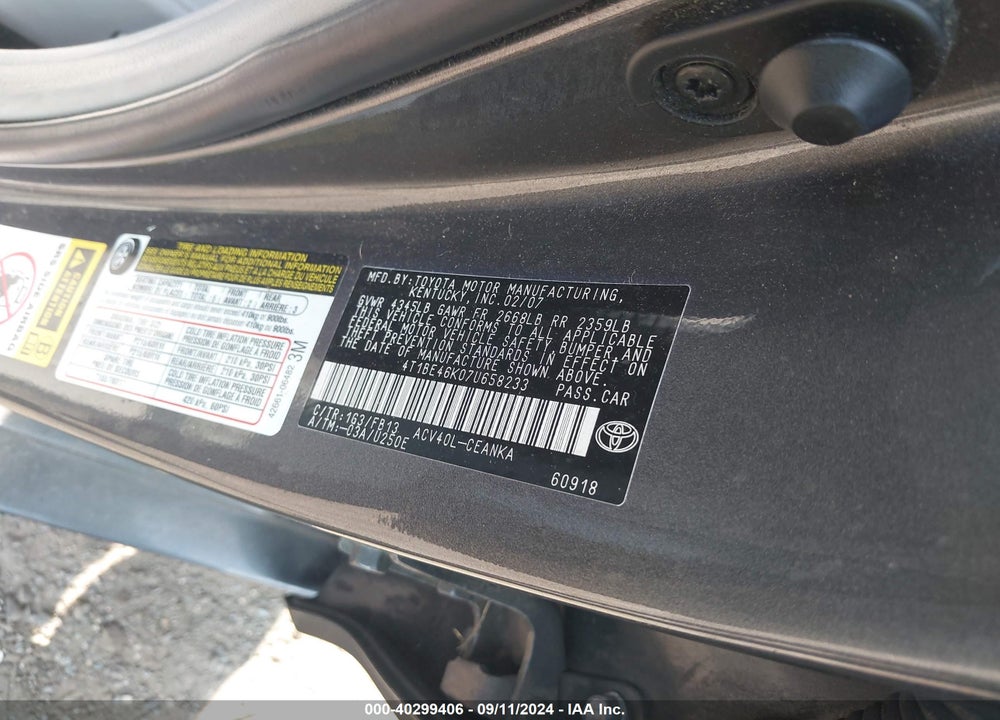2007 TOYOTA CAMRY LE VIN: 4T1BE46K07U658233