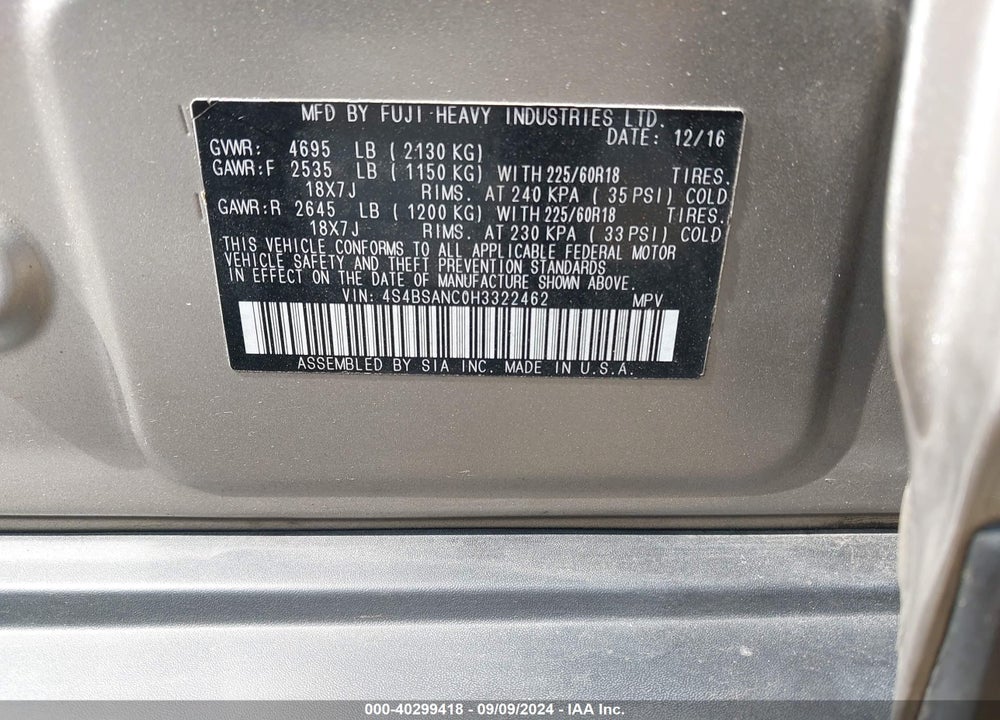 2017 SUBARU OUTBACK 2.5I LIMITED VIN: 4S4BSANC0H3322462