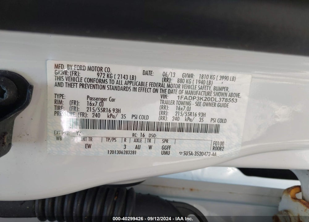 2013 FORD FOCUS SE VIN: 1FADP3K20DL378553
