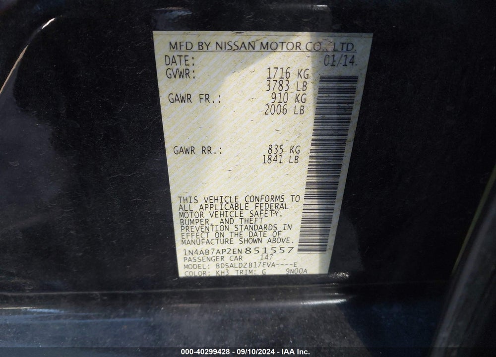 2014 NISSAN SENTRA SV VIN: 1N4AB7AP2EN851557