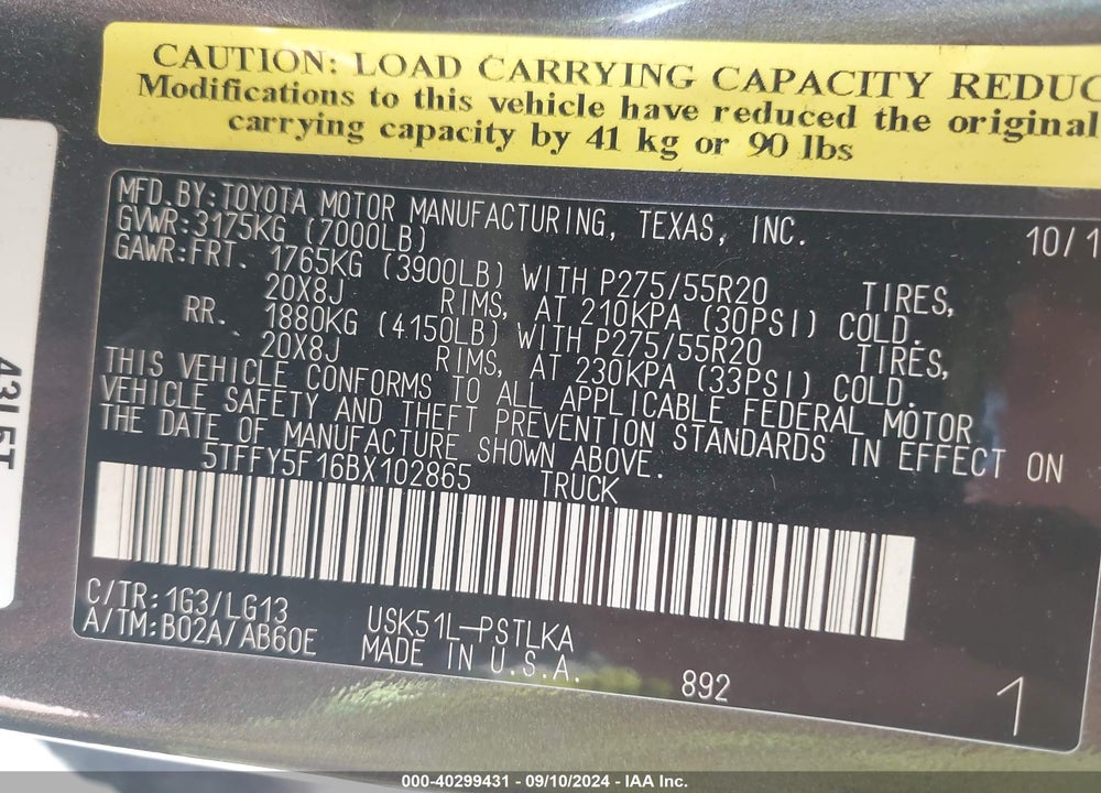 2011 TOYOTA TUNDRA LIMITED 5.7L V8 VIN: 5TFFY5F16BX102865
