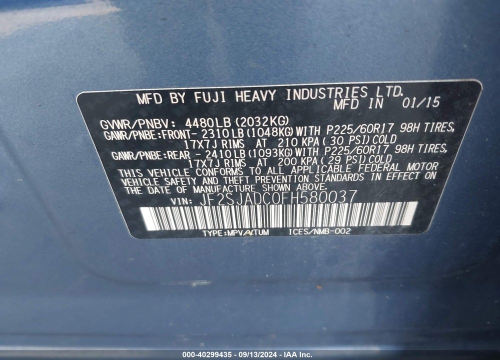 2015 SUBARU FORESTER 2.5I PREMIUM VIN: JF2SJADC0FH580037