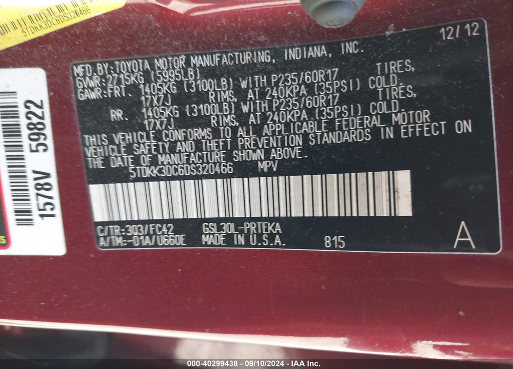 2013 TOYOTA SIENNA LE V6 8 PASSENGER VIN: 5TDKK3DC6DS320466
