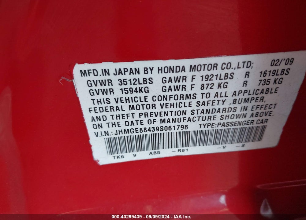 2009 HONDA FIT SPORT VIN: JHMGE88439S061798