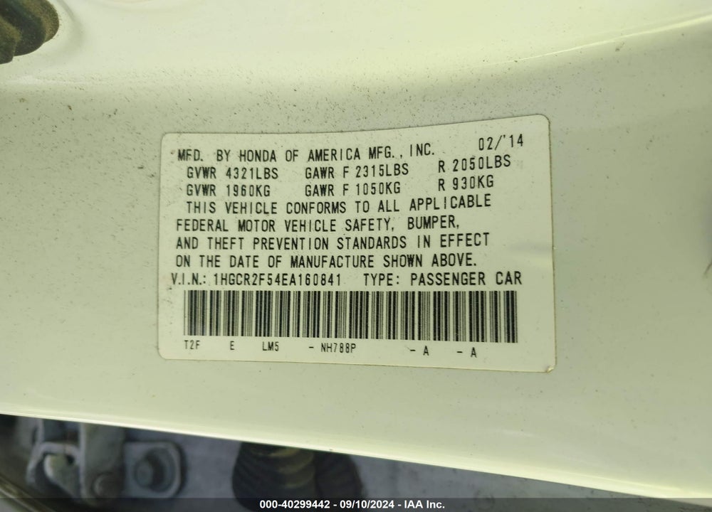 2014 HONDA ACCORD SPORT VIN: 1HGCR2F54EA160841