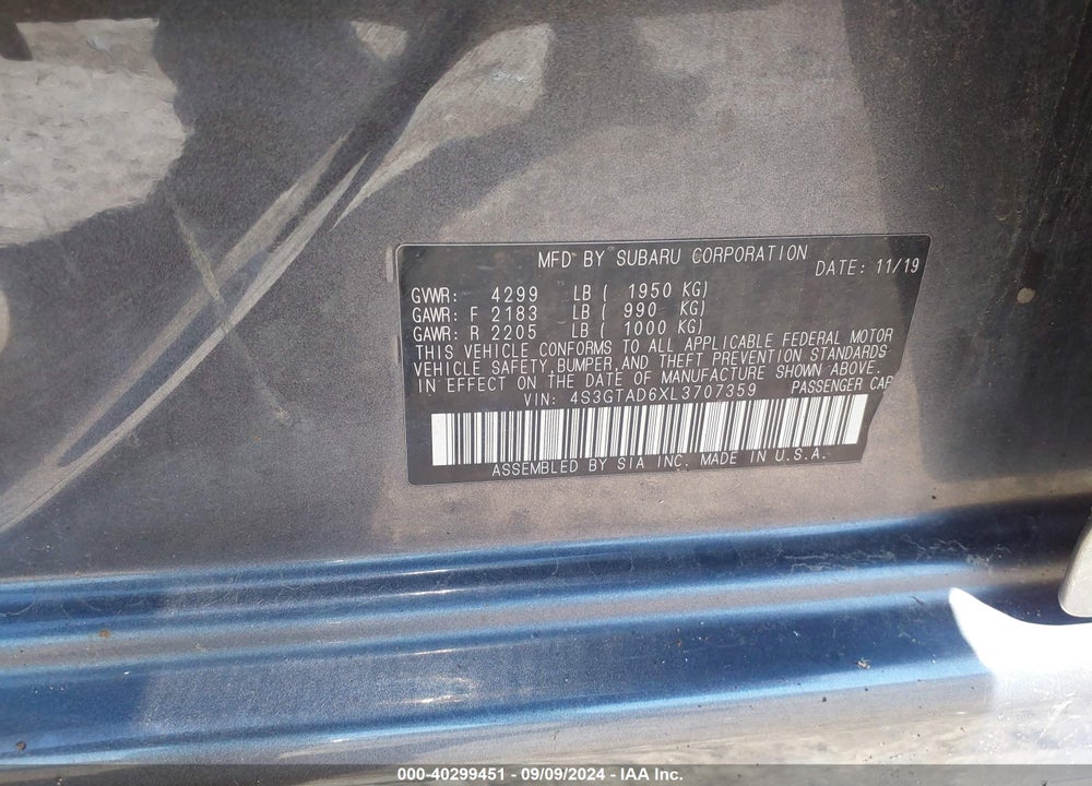 2020 SUBARU IMPREZA PREMIUM 5-DOOR VIN: 4S3GTAD6XL3707359