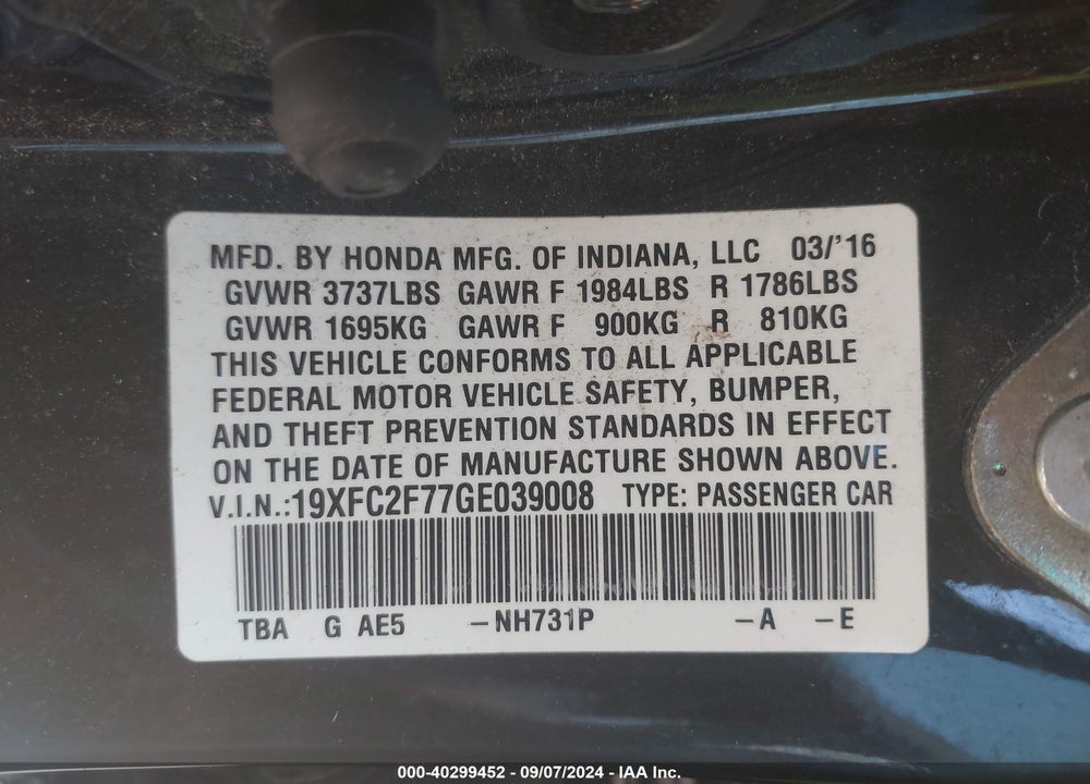 2016 HONDA CIVIC EX VIN: 19XFC2F77GE039008