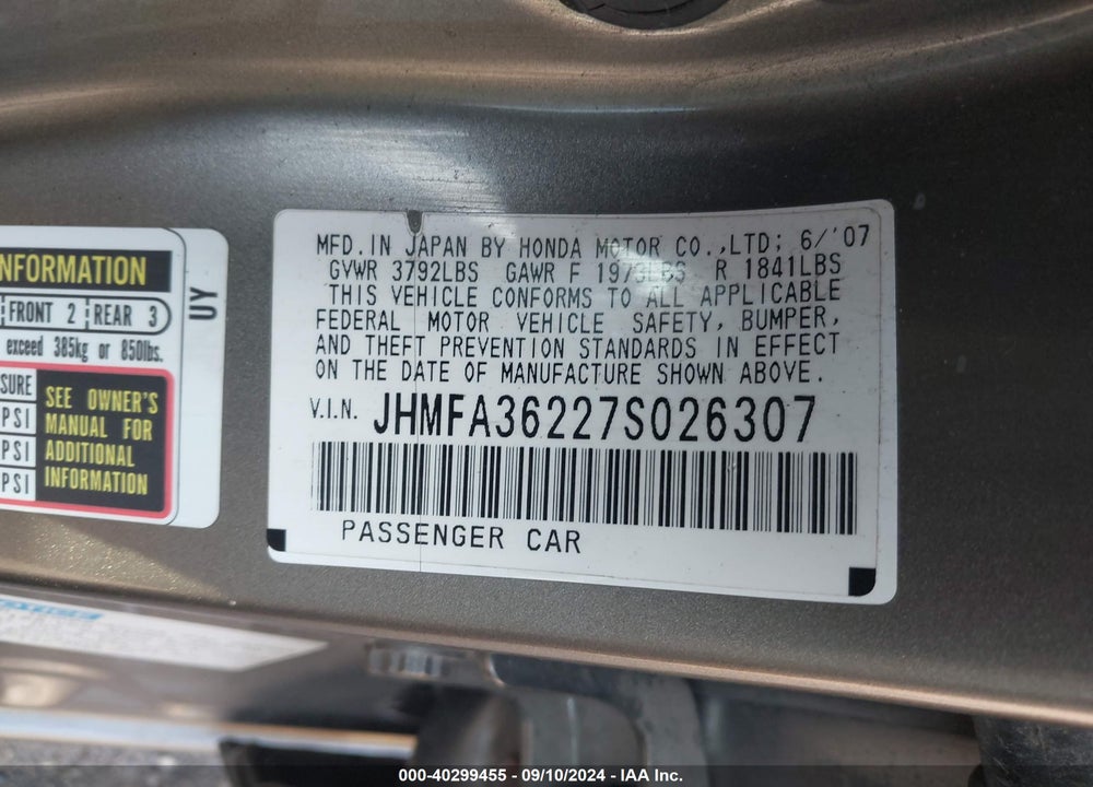 2007 HONDA CIVIC HYBRID VIN: JHMFA36227S026307