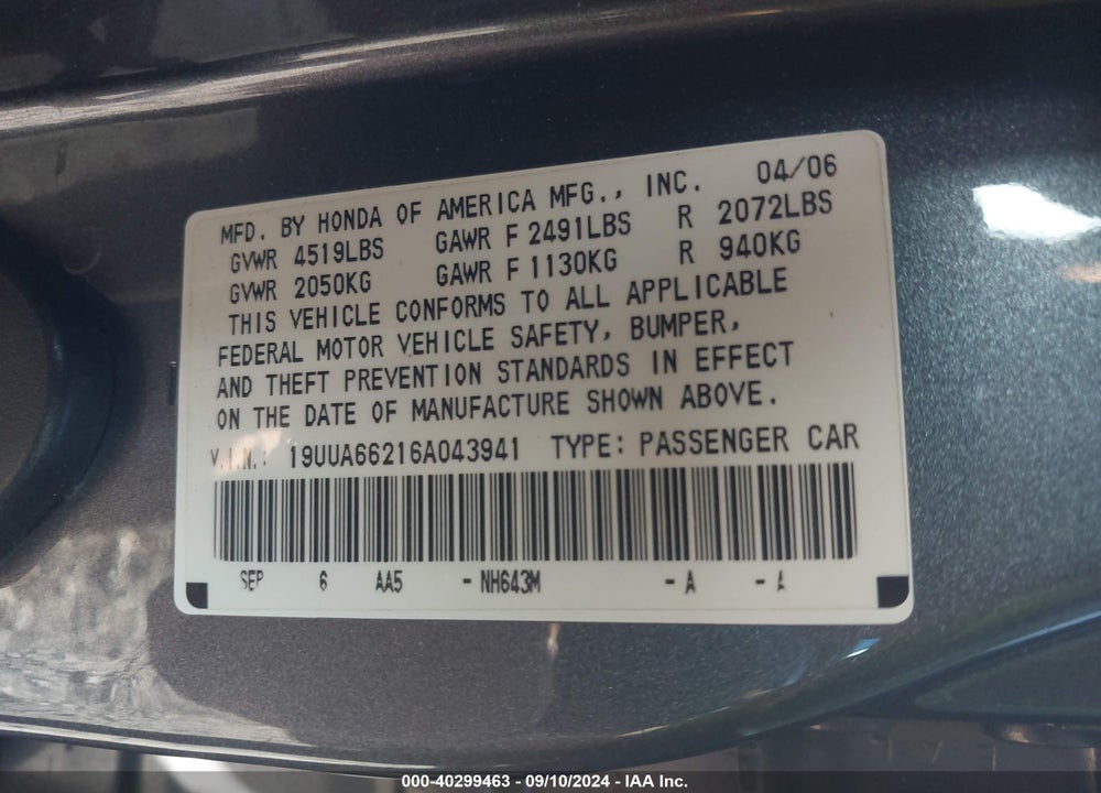 2006 ACURA TL VIN: 19UUA66216A043941