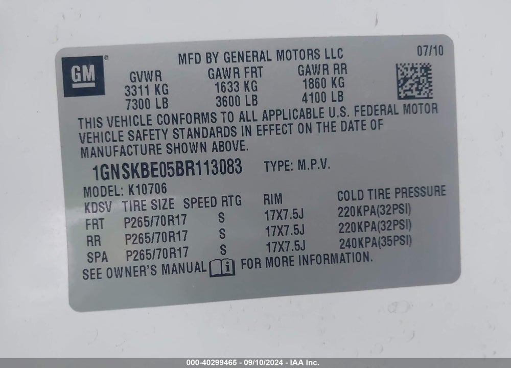 2011 CHEVROLET TAHOE LT VIN: 1GNSKBE05BR113083