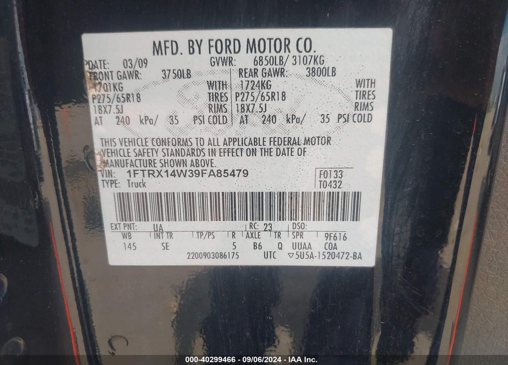 2009 FORD F-150 STX/XL VIN: 1FTRX14W39FA85479