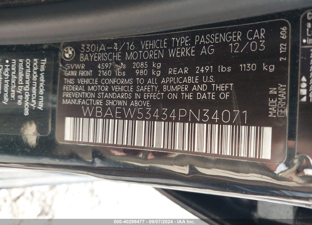 2004 BMW 330XI VIN: WBAEW53434PN34071