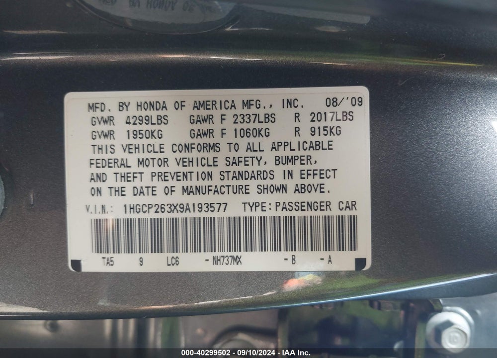 2009 HONDA ACCORD 2.4 LX VIN: 1HGCP263X9A193577