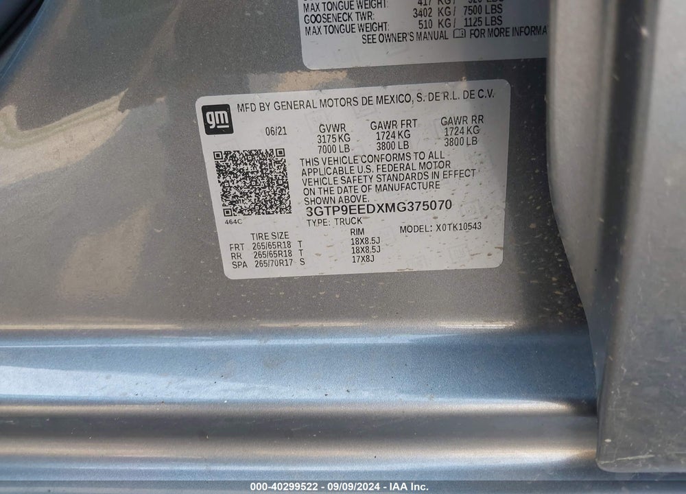 2021 GMC SIERRA 1500 4WD SHORT BOX AT4 VIN: 3GTP9EEDXMG375070