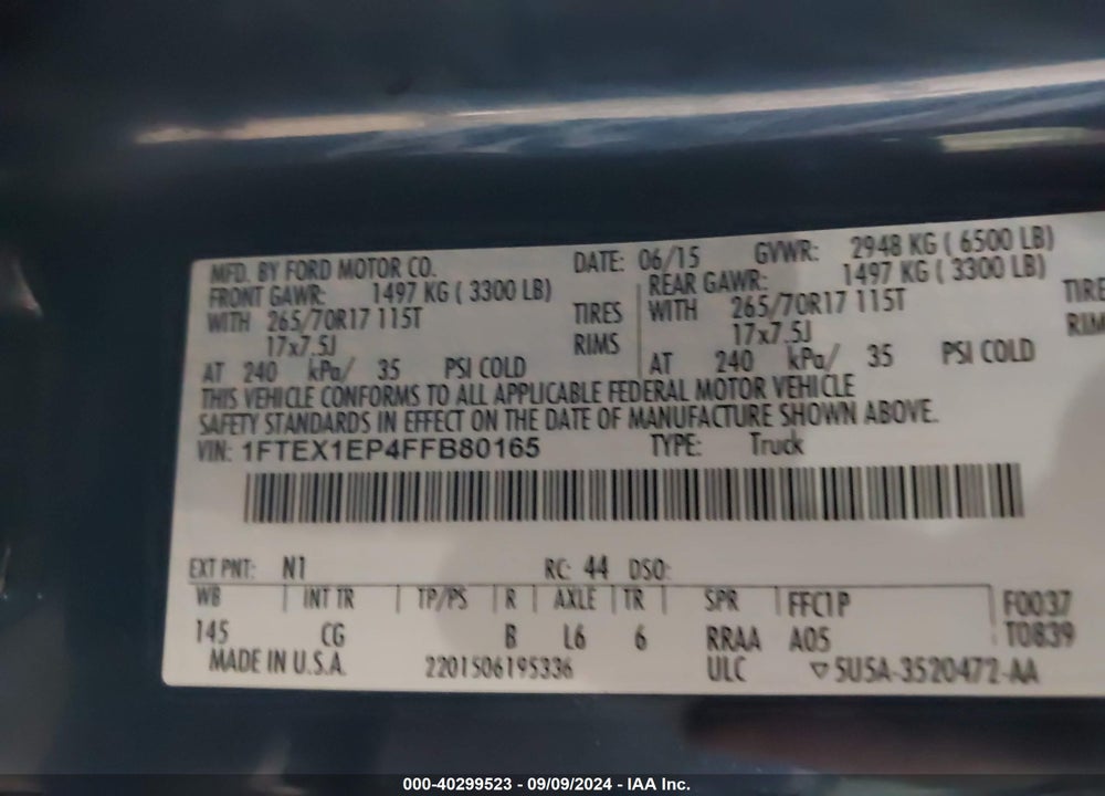 2015 FORD F-150 XL VIN: 1FTEX1EP4FFB80165