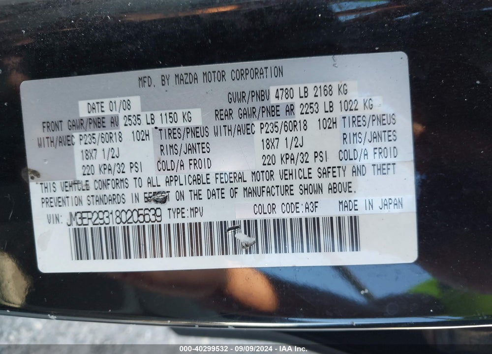 2008 MAZDA CX-7 TOURING VIN: JM3ER293180205639