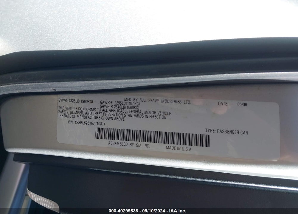 2006 SUBARU LEGACY 2.5I VIN: 4S3BL626167219814