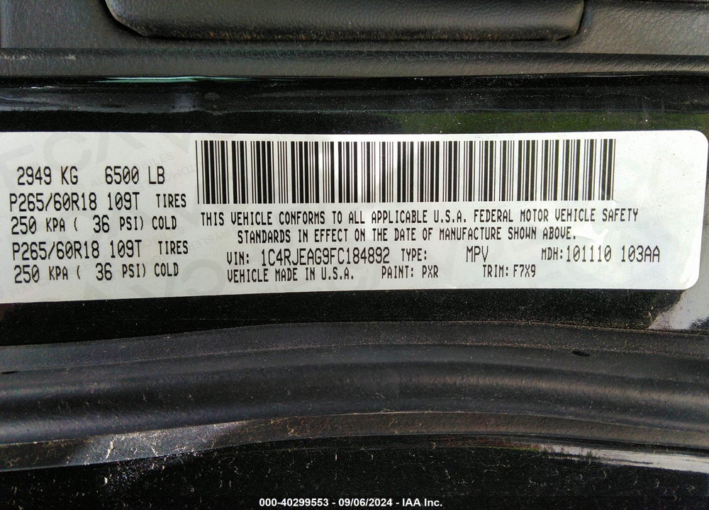 2015 JEEP GRAND CHEROKEE LAREDO VIN: 1C4RJEAG9FC184892