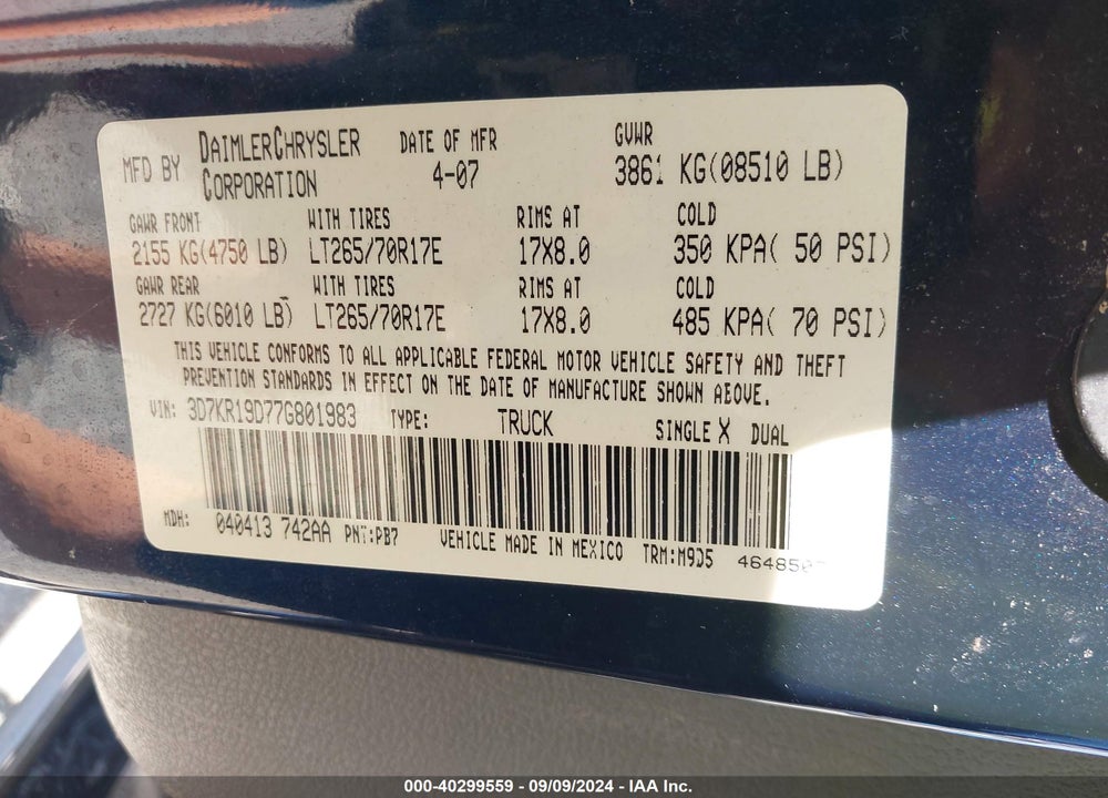 2007 DODGE RAM 1500 SLT VIN: 3D7KR19D77G801983
