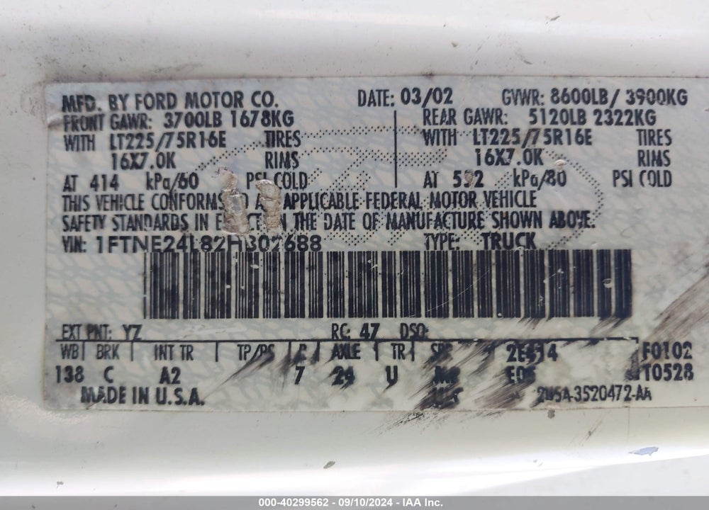 2002 FORD E-250 VIN: 1FTNE24L82HB02688