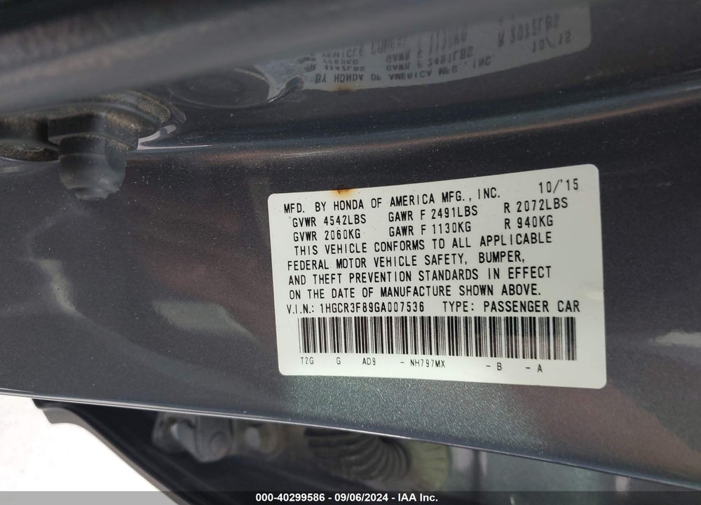 2016 HONDA ACCORD EX-L V-6 VIN: 1HGCR3F89GA007536