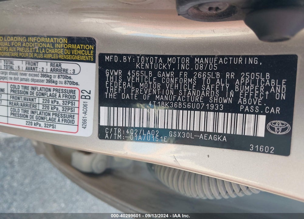 2006 TOYOTA AVALON XLS VIN: 4T1BK36B56U071933