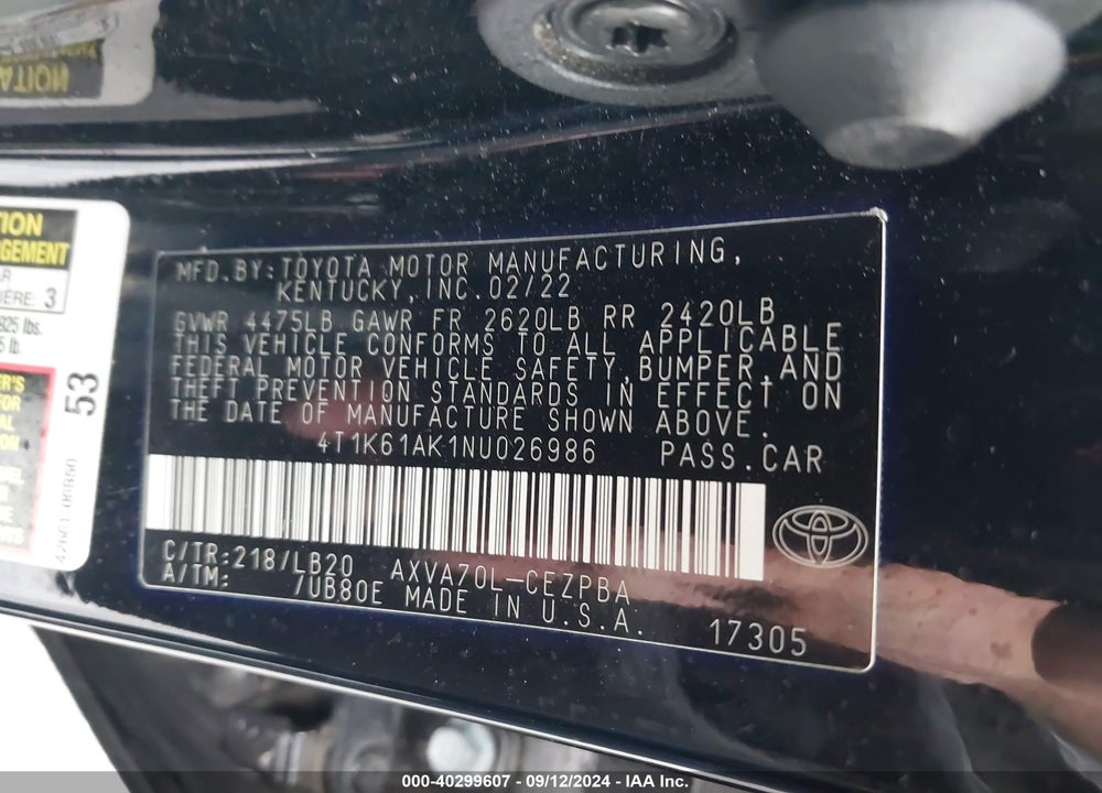 2022 TOYOTA CAMRY XSE VIN: 4T1K61AK1NU026986