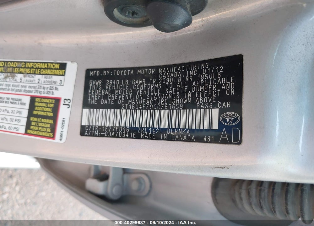 2012 TOYOTA COROLLA LE VIN: 2T1BU4EE9CC783659
