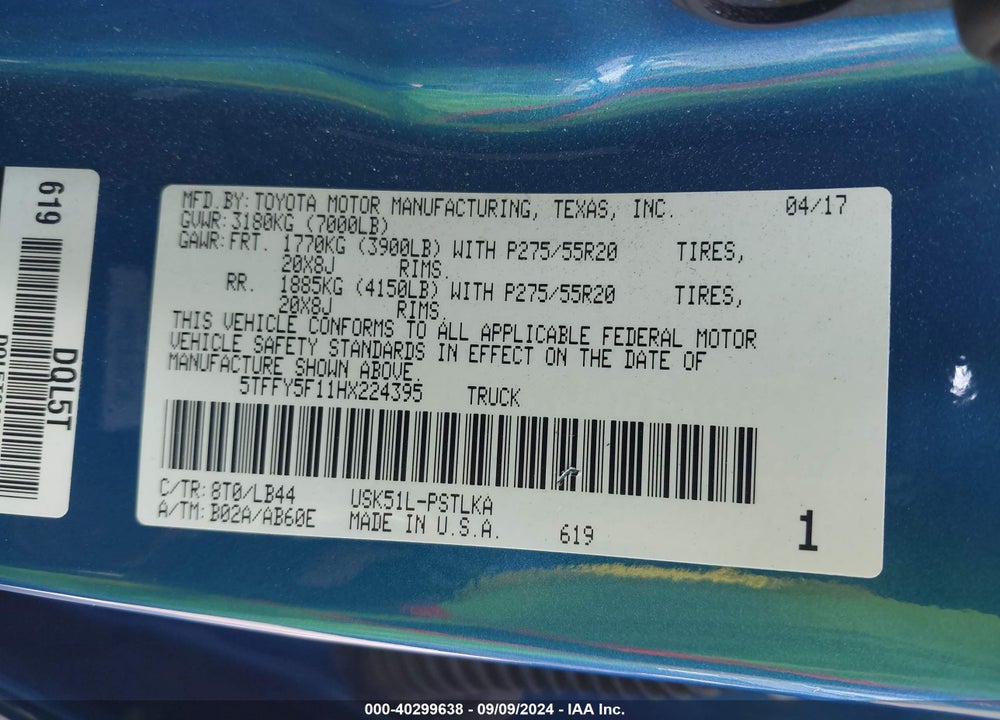 2017 TOYOTA TUNDRA LIMITED 5.7L V8 VIN: 5TFFY5F11HX224395