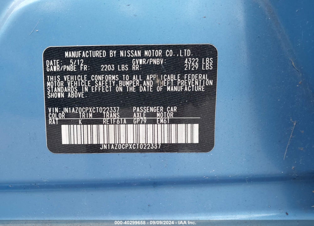 2012 NISSAN LEAF SL VIN: JN1AZ0CPXCT022337