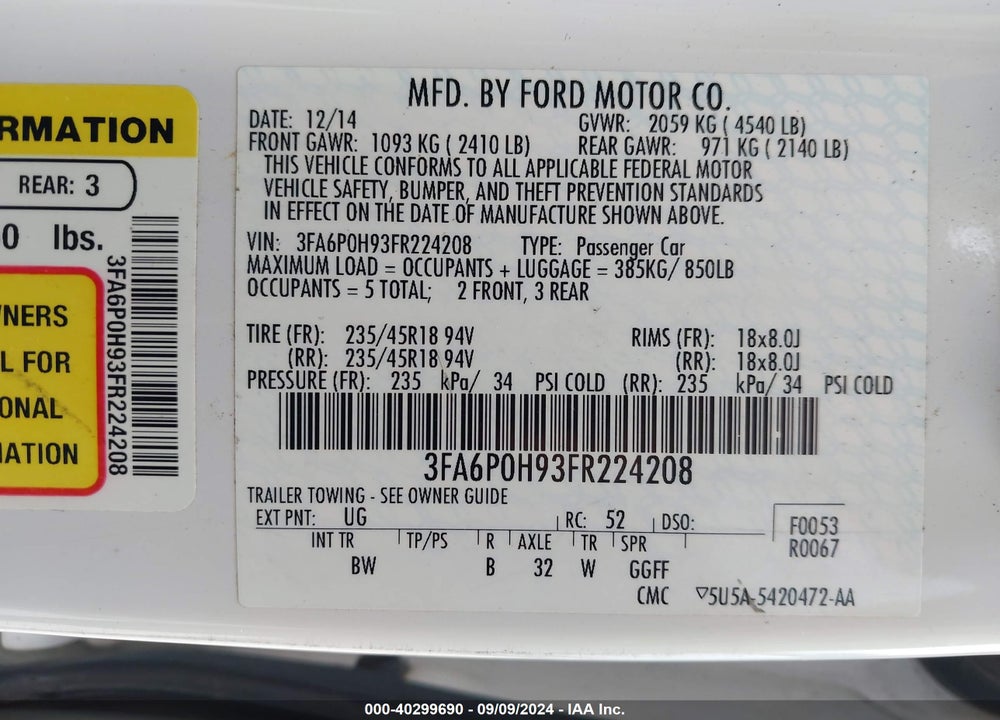 2015 FORD FUSION SE VIN: 3FA6P0H93FR224208