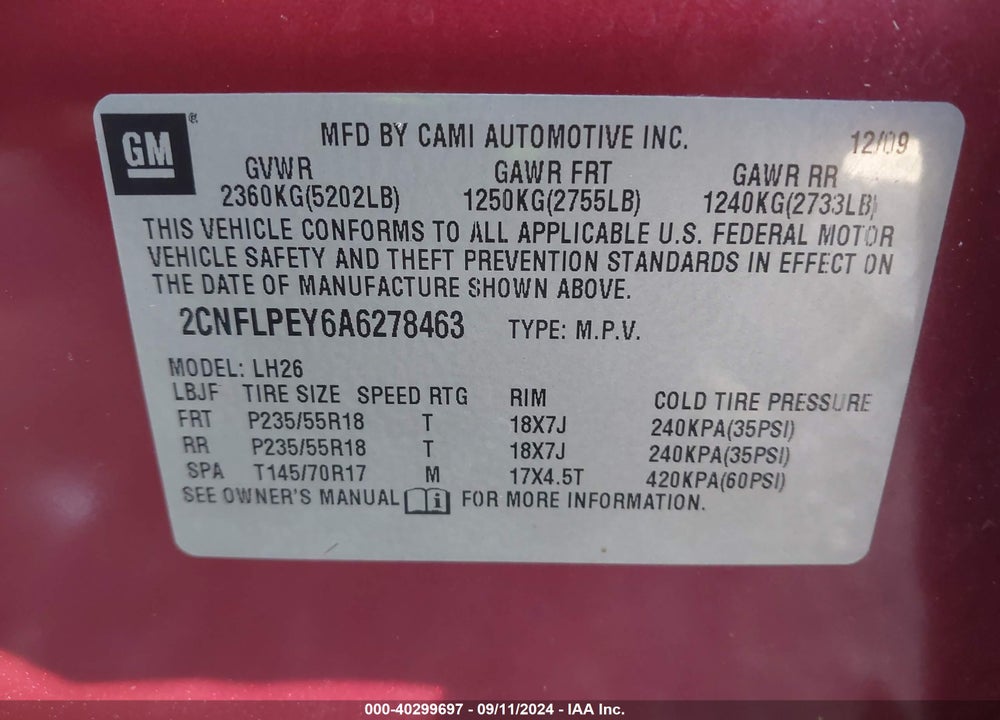 2010 CHEVROLET EQUINOX LT VIN: 2CNFLPEY6A6278463