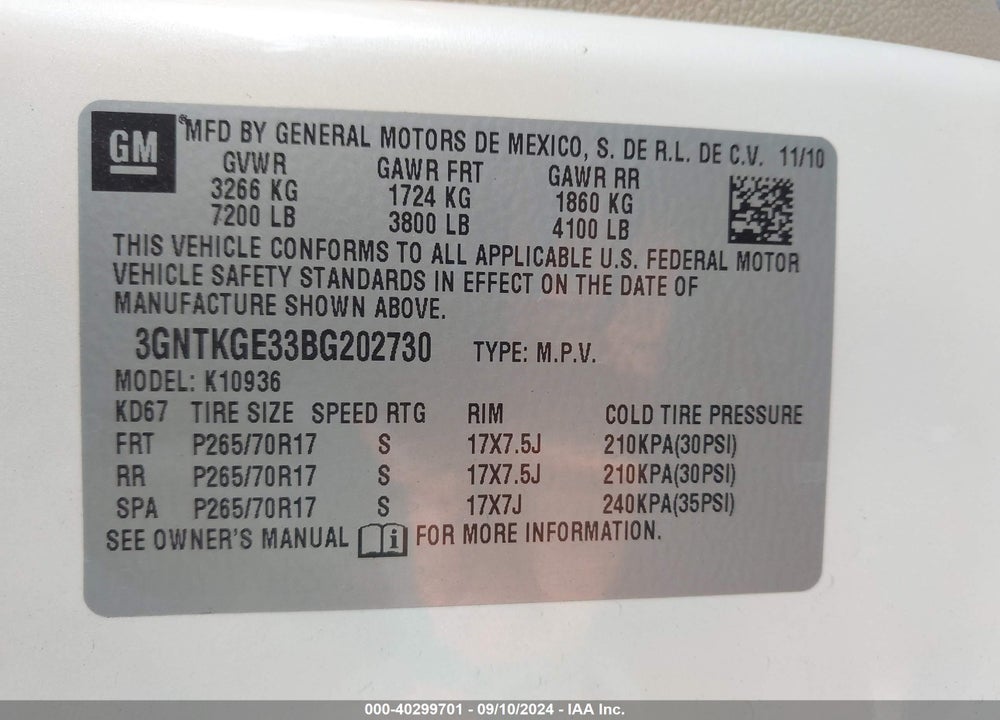 2011 CHEVROLET AVALANCHE 1500 LTZ VIN: 3GNTKGE33BG202730