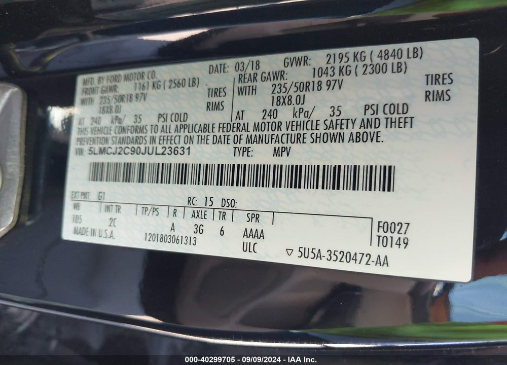 2018 LINCOLN MKC SELECT VIN: 5LMCJ2C90JUL23631