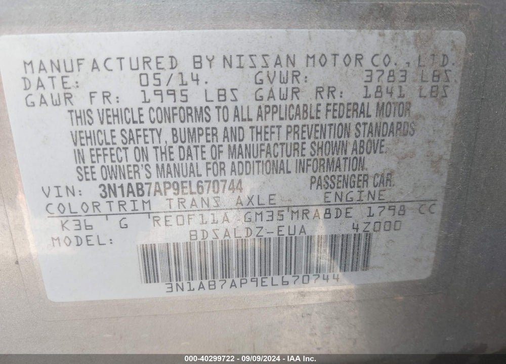 2014 NISSAN SENTRA SV VIN: 3N1AB7AP9EL670744