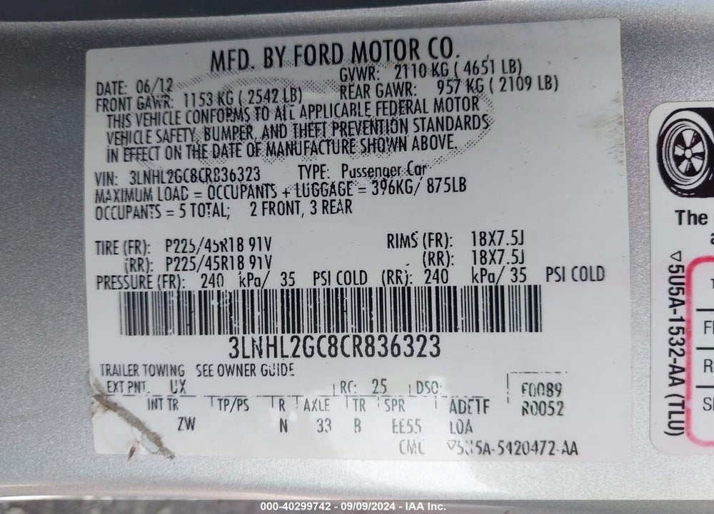 2012 LINCOLN MKZ VIN: 3LNHL2GC8CR836323