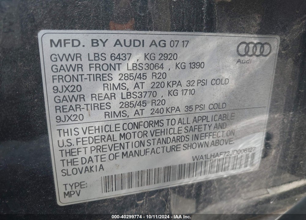 2018 AUDI Q7 2.0T PREMIUM VIN: WA1LHAF72JD006127