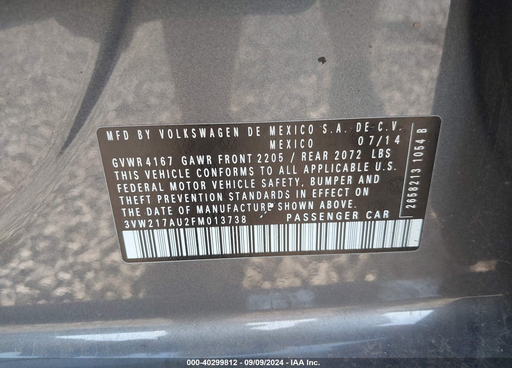 2015 VOLKSWAGEN GOLF TSI S 4-DOOR VIN: 3VW217AU2FM013738