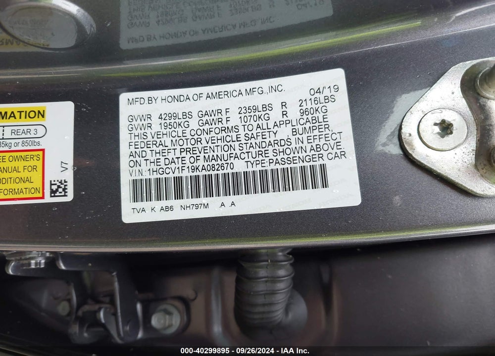 2019 HONDA ACCORD LX VIN: 1HGCV1F19KA082670