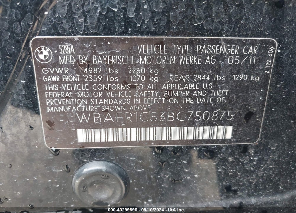 2011 BMW 528I VIN: WBAFR1C53BC750875