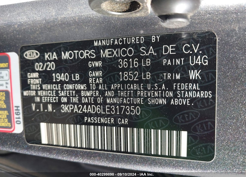 2020 KIA RIO S VIN: 3KPA24AD6LE317350