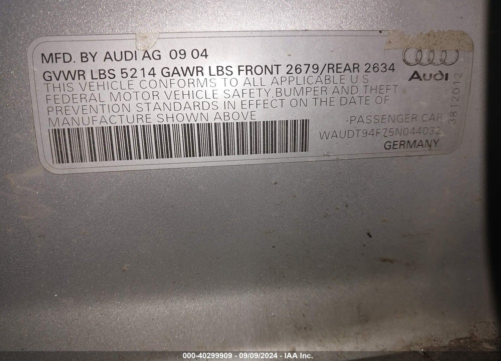 2005 AUDI A6 3.2 VIN: WAUDT94F75N044032